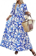 KIRUNDO Maxi Dresses for Women 2026 3\/4 Sleeve Summer Dress | Spring Boho Floral, Drawstring Tie Neck, Loose Fit, Elastic Waist, Pockets, Wedding Guest, Beach Vacation Flowy Long Dress
