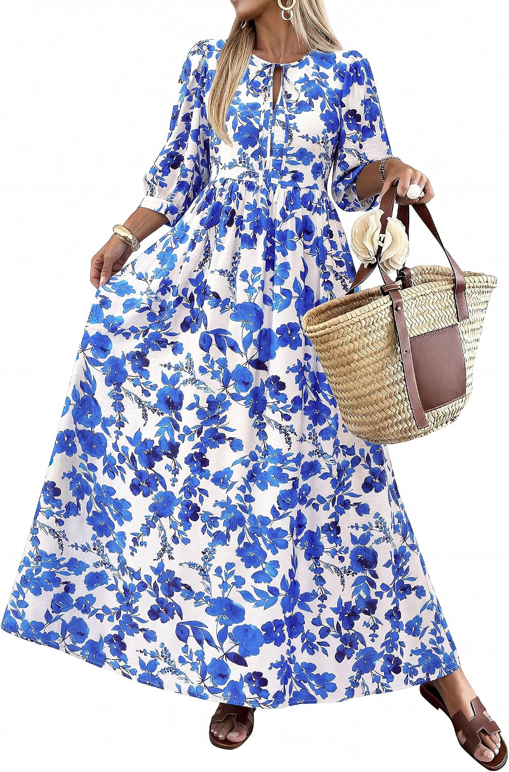 KIRUNDO Maxi Dresses for Women 2026 3\/4 Sleeve Summer Dress | Spring Boho Floral, Drawstring Tie Neck, Loose Fit, Elastic Waist, Pockets, Wedding Guest, Beach Vacation Flowy Long Dress